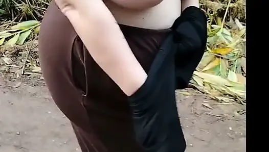Stepmom in transparent t-shirt showing off in public.