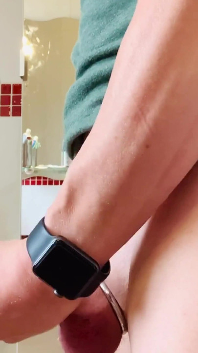 Luke wanks and cums in bathroom, with dildo