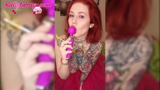 Sweet Babe in Pink Skirt Play Pink Vibrator and Sucks Lollip