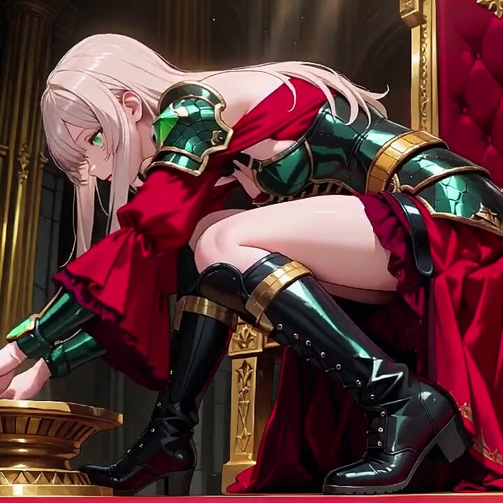 Forbidden Fantasy in Red & Green Armor! Blonde Knight Lounges Seductively While Her Silver -haired Partner Kneels to Serve