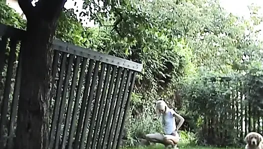 Skinny blonde girl fucking around the house