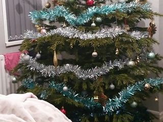 La matrigna aiuta il figliastro a masturbarsi sull'albero di Natale