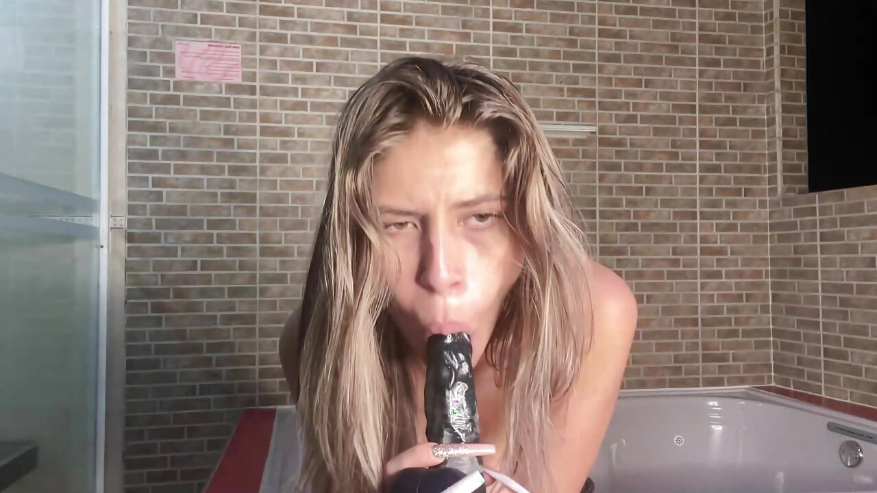 Horny blonde plays with her pussy and a huge dildo bbc