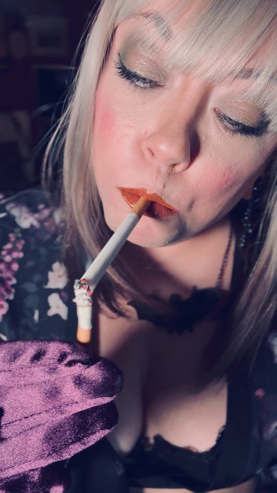 BBW Smoker Tina Snua Wears Purple Satin Gloves & Jewellery & Tip To Tail 2 Cigarettes - Domme Smoking BBW OMI OME | Clip 1