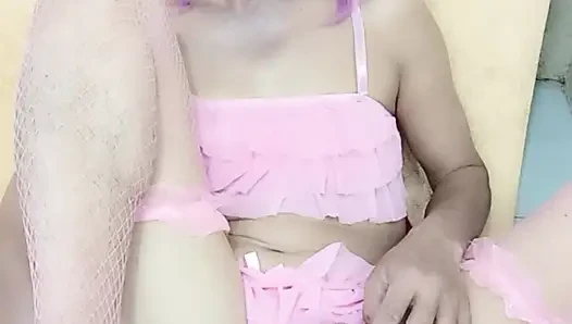 Oanh Le transgender wearing sexy porn clothes playing anal with an artificial cock is happy