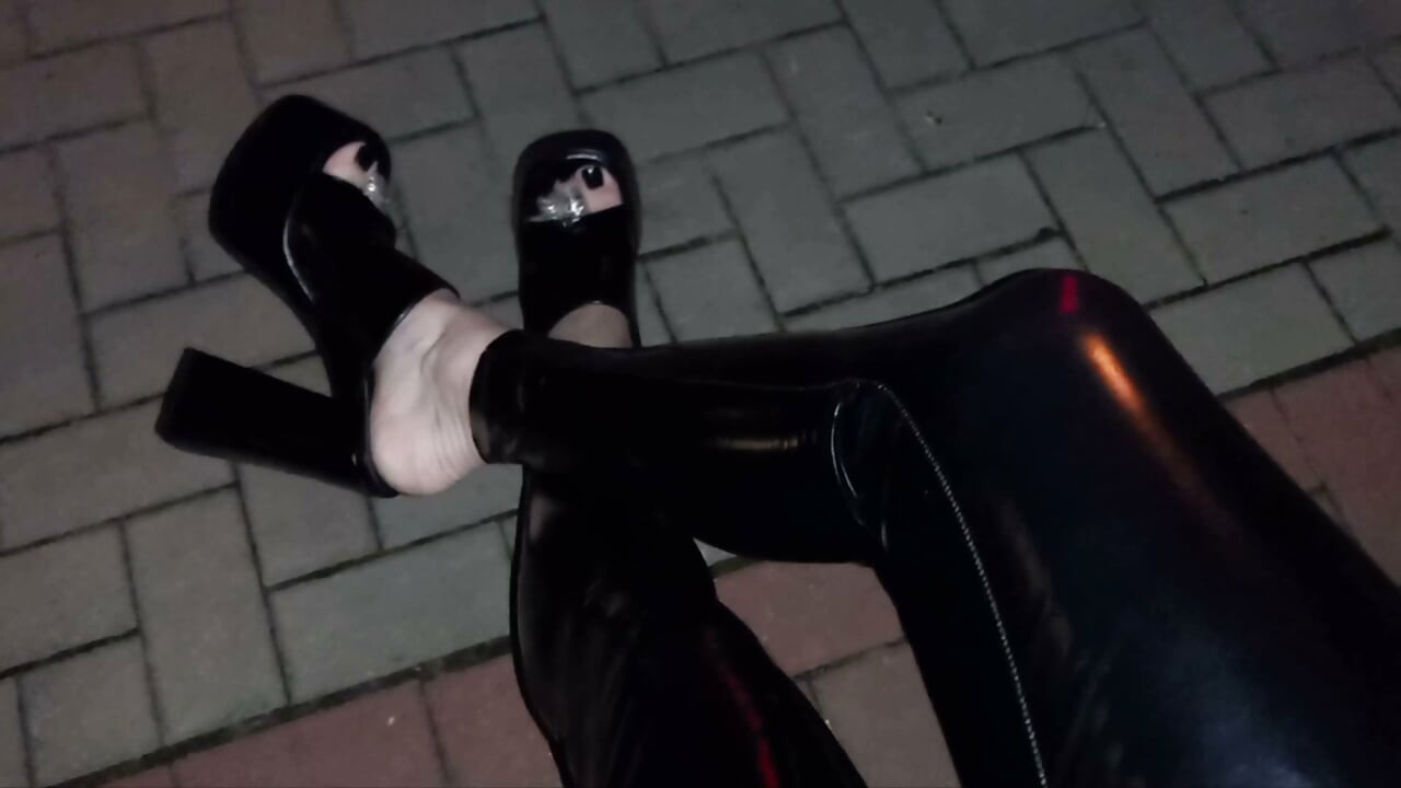 Alone at Night in Ultra-Tight Latex and Platform Mules Just to Make Men Stare and Drool