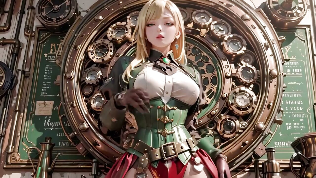 ¡Secretaria rubia steampunk! Poses perezosas entre engranajes gigantes, ajustándose las gafas con mirada provocadora.
