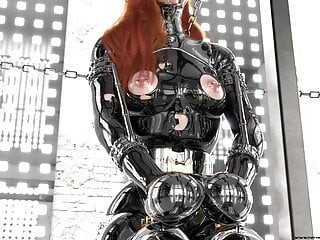 Ginger dans un bondage en métal hardcore et une combinaison en latex