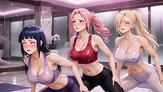 Naruto kızları yoga sınıfı çıldırdı sakura, hinata ino büyük göğüslerini azdırıyor
