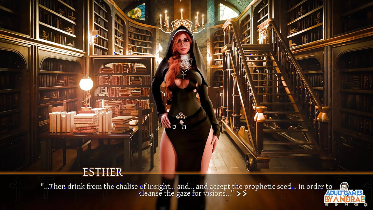 Irmãs em Jogo do Pecado Parte 12 - Luxúria realiza o Ritual Sexual com Esther na Biblioteca