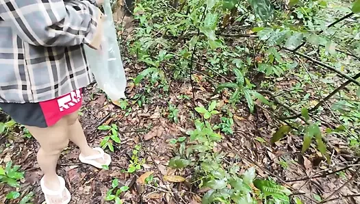 Thai girls walking and talking and picking mushrooms in the forest, secretly showing in the deep forest Clear Thai voice