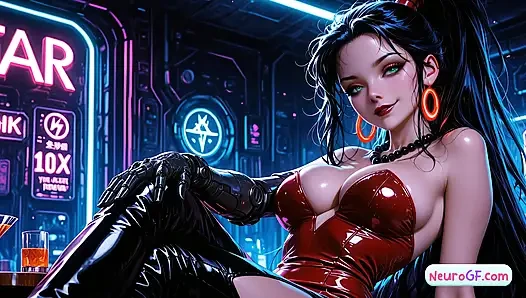 Siyah saçlı siber sürtük elbisesini çıkarıyor ve neon barda derinden sikiliyor