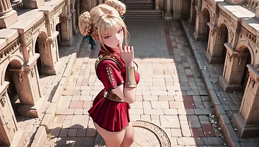 Red Armor Queen! Forbidden Gaze in the Roman Corridor, Skirt Lift Reveal, Hand on Lips Teasing You...