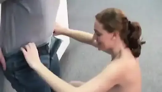 Horny brunette has fun after hours by giving world class blowjob to her boss