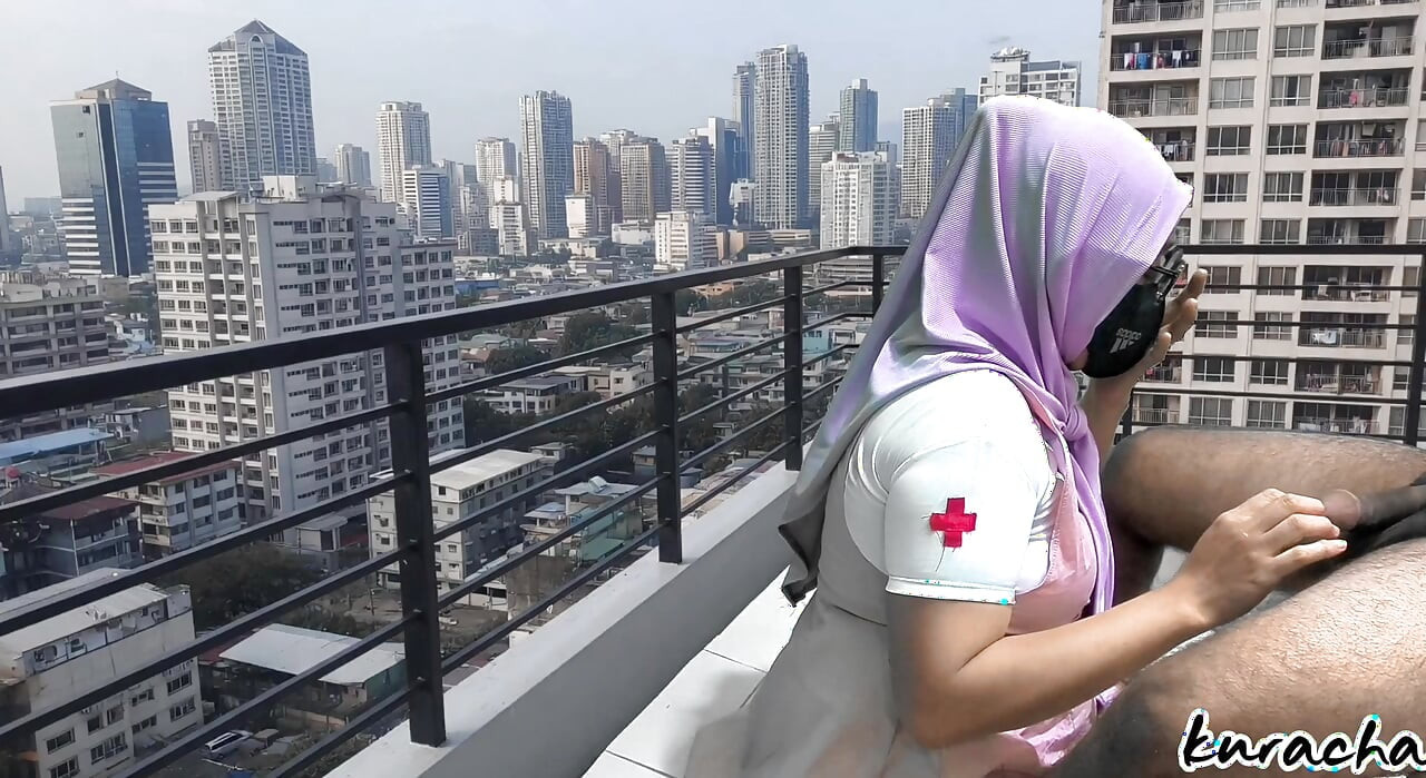 Hijab Cheating Nurse Step Sister blowjob at hospital Balcony