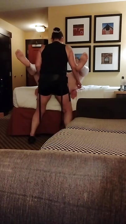 She cums over and over while fucking him with a strap on moaning loud