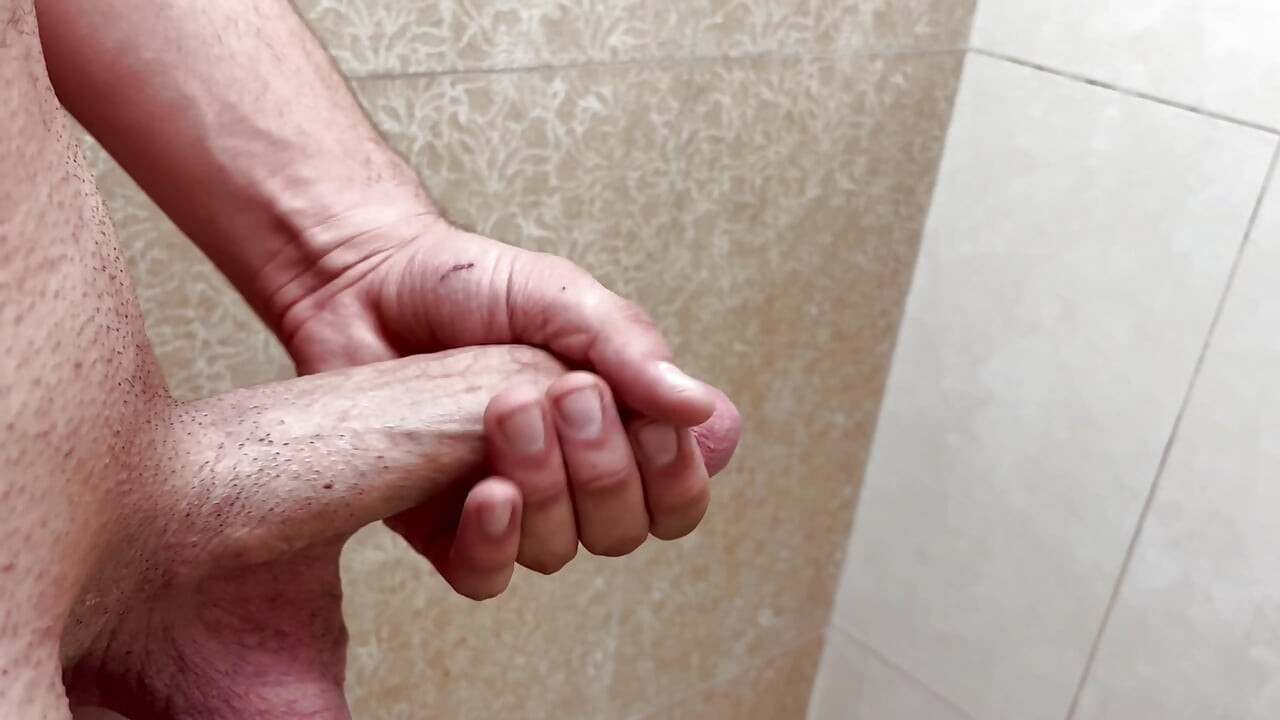 Masturbation and Cum with stress in the public bathroom with real big dick