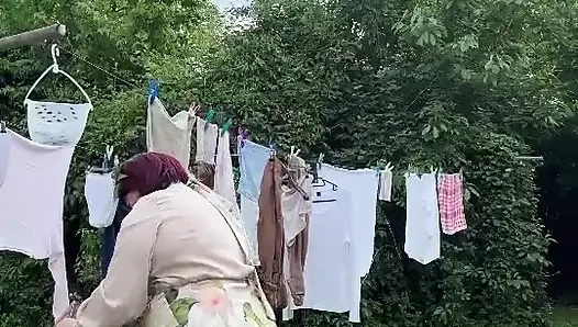 Dressed in a little dress to pick up the laundry