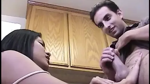 Nice boobs honey sucks and fucks a fat cock in the kitchen