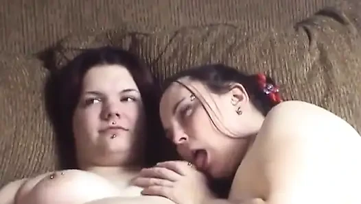 Three overweight brunettes lick each other's pussies