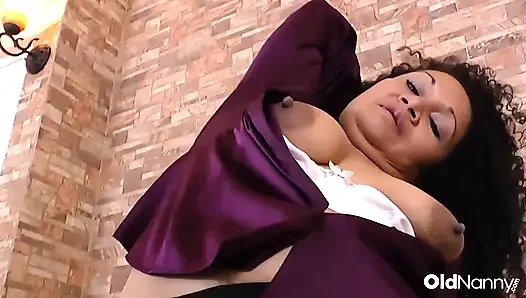 OldNanny - Curvy Ebony MILF Teases In Purple Shirt And Toys Herself On Bed