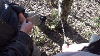 Two friends pissing together on a little tree in the woods