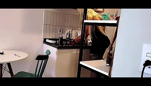 Stepmom Cleaning the Kitchen, Naughty Stepson Sniffing Butt, BBC.