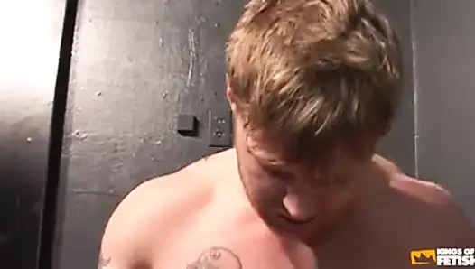 Tattooed dude with pierced nipples bangs a twink in gay threesome