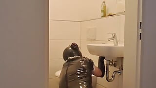 Caged Sissy Maid Slave - Cleaning the Bathroom for Mistress and Her Boyfriend