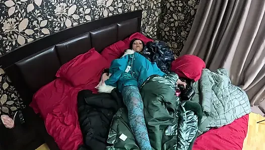 Shiny Downjacket Fetish MILF. Multiple Jackets, Rough Fuck and Cum All Over My Coat