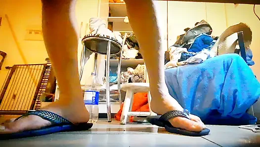 Showing his legs and riding various dildos