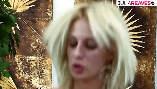 Blonde girl gags on a huge cock then gets fucked on both holes