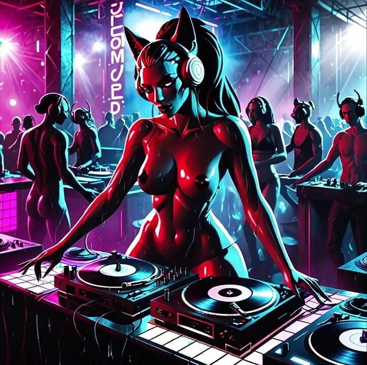 Σέξι Demoness DJ Δυστοπικό Cyberpunk Club Synthwave House Techno AI