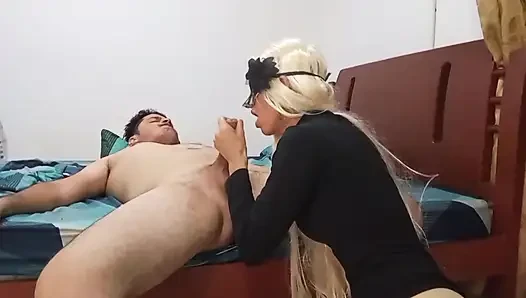 MILF indian slim blonde sucks cock and swallows her stepson's cum