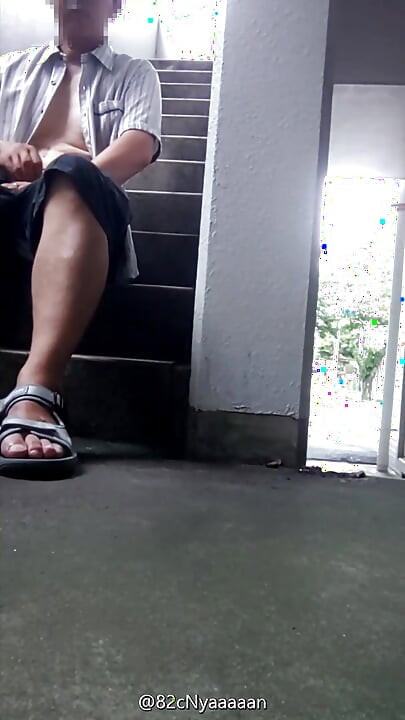 Fully naked exposure ejaculation on a public staircase