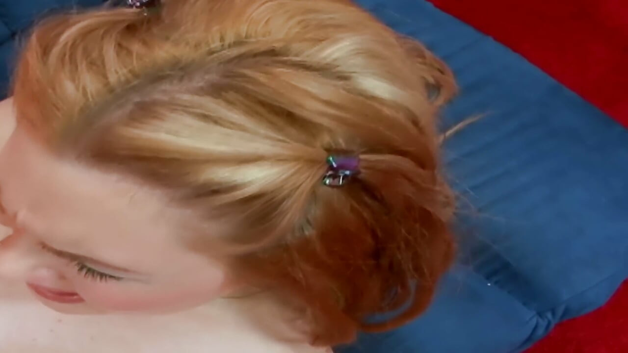 Pale Redhead Spread Open on the Blue Couch - Blonde Works Two Toys Into Her