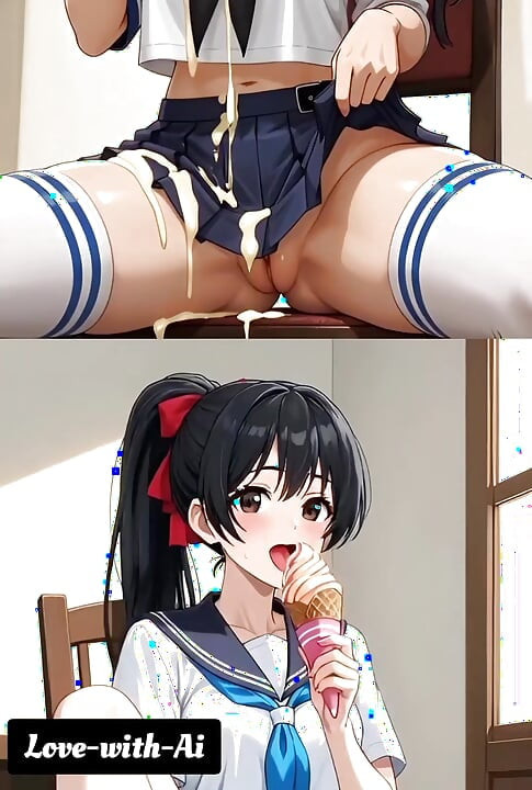 Hentai 2026!  Student licks ice cream in a park, her dripping all over the place