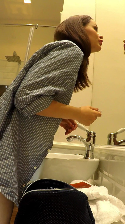 Hot Tight Pussy Horny Brunette with a Shirt Only No Panties No Bra in the Bathroom