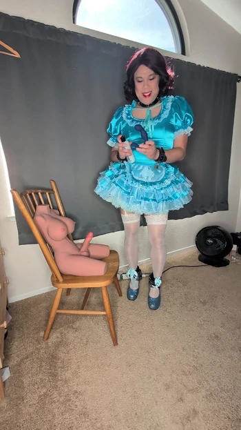 Satin Sissy Maid Plugs Herself and Sucks Her Doll