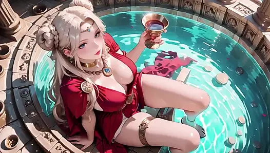 Blonde Goddess in Red! Forbidden Gaze in the Ancient Corridor, Deep V & High Slit teasing you.