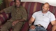 Two black hunks with fat dongs fuck a hot blonde babe on the sofa