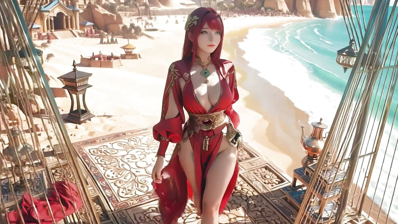 Rainha Vermelha no Deserto! Tarde preguiçosa no Palácio Dourado, vestido decotado nas costas ligeiramente húmido.