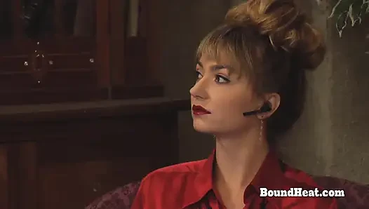 BDSM Lesbian Slave Swallows Big Strapon And Fucks Herself