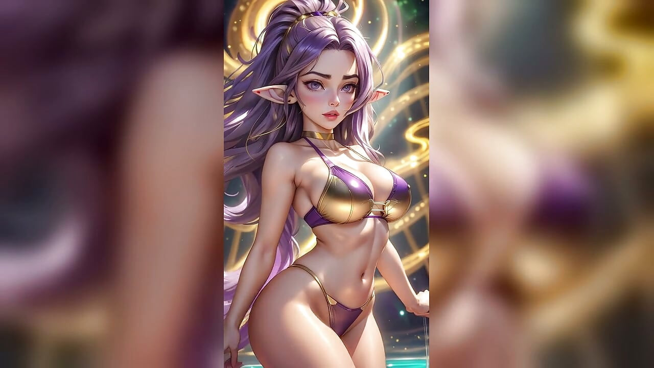 퍼플 헤어 엘프 골드 비키니 매직 포레스트 댄스 - Sexy AI Babes