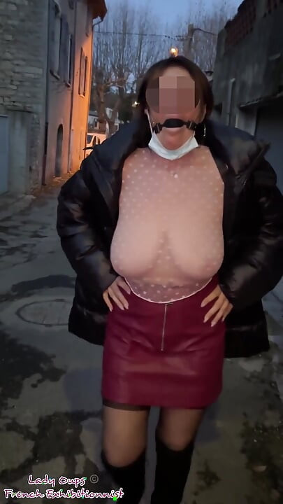 Slut with Ball Gag Outdoors: Sheer Top Big Tits and Leather Mini Skirt