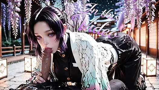 Shinobu Kocho fucks in a night garden with blooming wisteria. 3d Hentai Ai generated anime porn
