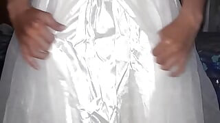 Cum flows on satin wedding dress