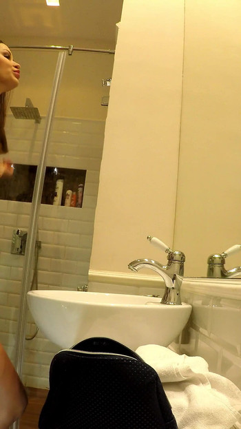 Hot Tight Pussy Horny Brunette with a Shirt Only No Panties No Bra in the Bathroom