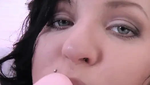 Hot and chubby big ass brunette in sexy black stockings fingers her pussy and plays with a dildo