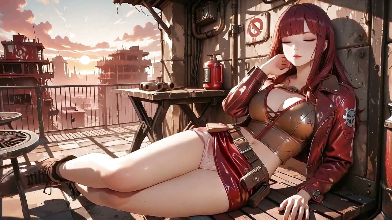 Tight Leather Suit Hugging Her Perfect Hips. She Lounges on the Broken Train Car, Hand Stroking Armor, Eyes Hazy yet Fierce.